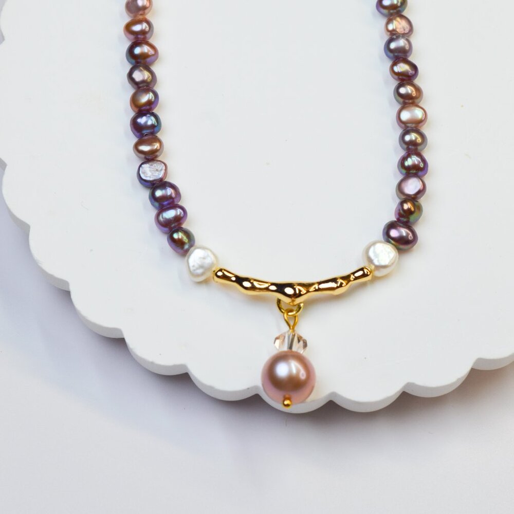 Natural Metallic Purple Pearl Necklace 18" Gold Plated Sterling Silver